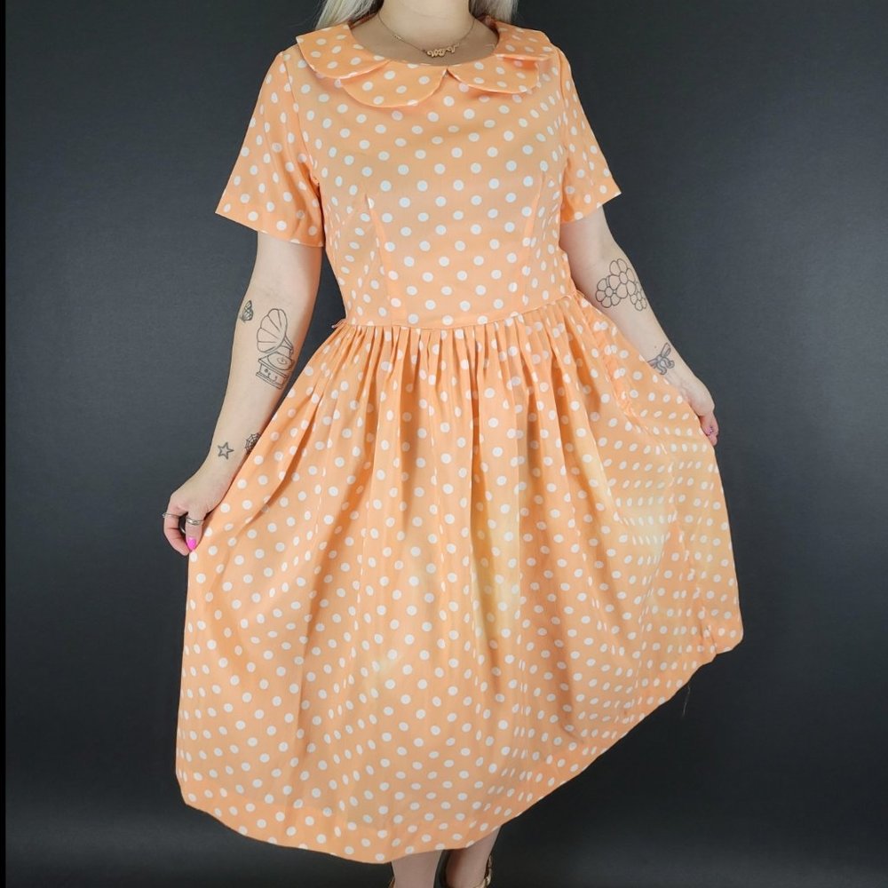 50s/60s Carol Brent Polka Dot Scalloped Collar Day Dress